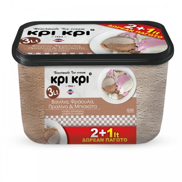 Κρι κρι παγωτό Heartmade Βανίλια, φράουλα, πραλίνα & μπισκότο 3lt